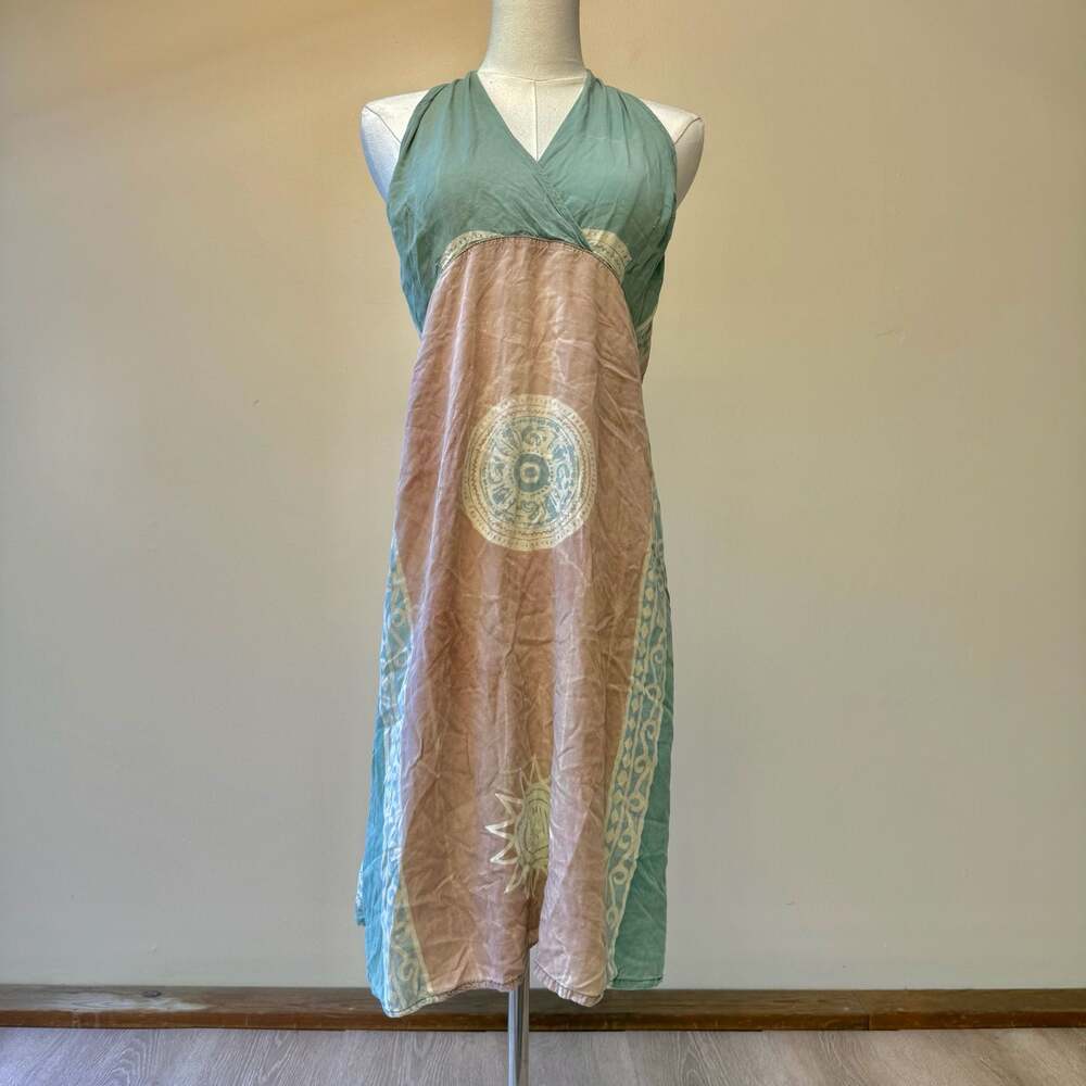 Boho Style Teal and Pink Halter Neck Smocked Back Summer Midi Dress - Picture 2 of 10
